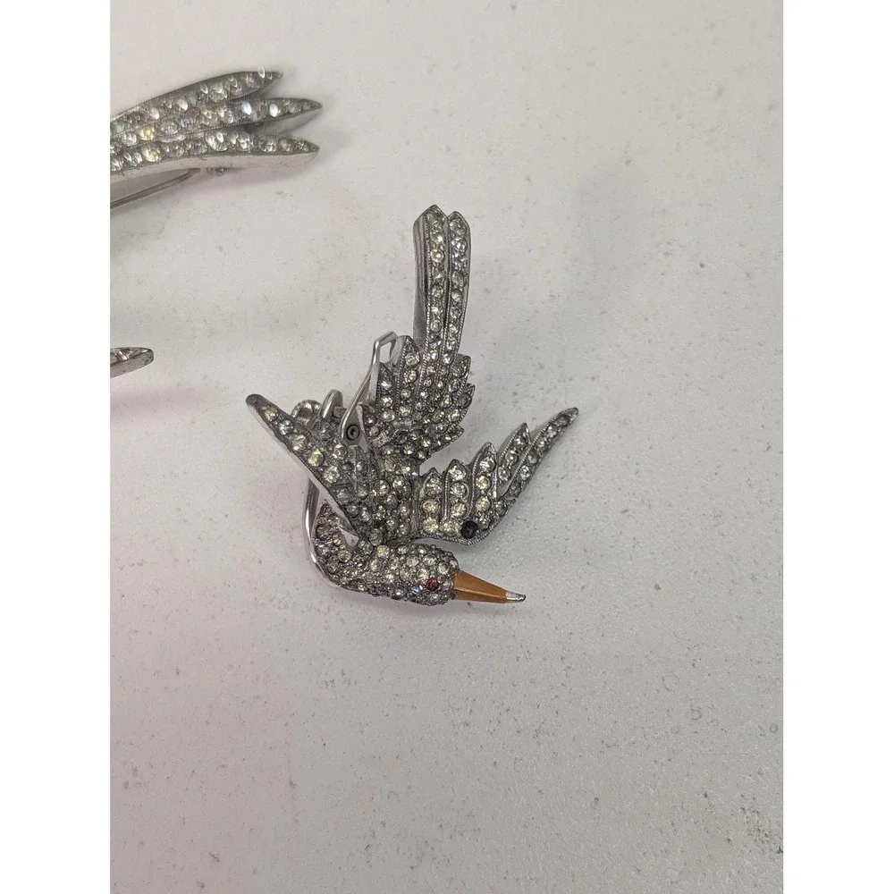 Bird Swallow Brooch Set Silver Tone White Rhinestone Figural 3 Piece Pin Sparkle